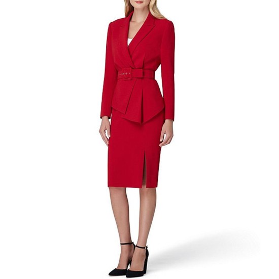 Fashion Official Business Suits Ladies Belted Jacket and Split Skirt 2 Piece White Women Office Blazer Suits