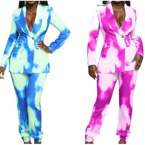 Y207074 plus size casual tie dye printed slim fit blazer & tuxedo two pieces sets long sleeved elegant OL women suits