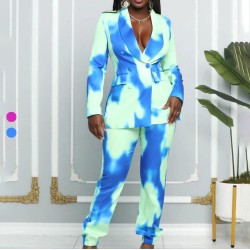 2022 Womens Clothing Suits Tie-Dye Double Breasted Formal Print Two Piece Suit Set Lady Style Work Wear Office Long Pant Suit