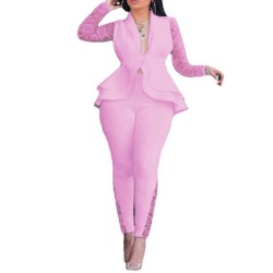 Plus Size Ladies Slim Fitting Business Suits Lace Sleeve Style Pink Deep V-neck Collect Waist Womens Suits & Tuxedo