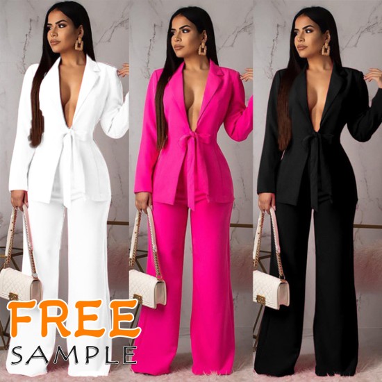 Drop shipping Solid Color Loose Waistband Two Piece Set Women Suits Office Formal Ladies Suits WomenS Suits & TuxedoPopular