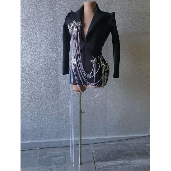 Sexy Black V Long Sleeve Jacket Evening Prom Coat Stage Performance Blazers Ladies Sequin Tassel Women Suit Club Party Blazer