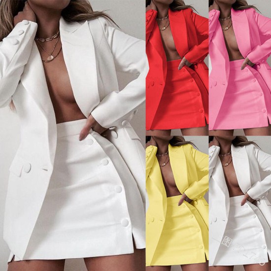 Womens Lapel Collar Breasted Blazer and Split High Waist Mini skirt suit womens office suits Classic outing clothing for Ladies