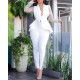 Plus Size Ladies Slim Fitting Business Suits Lace Sleeve Style Pink Deep V-neck Collect Waist Womens Suits & Tuxedo