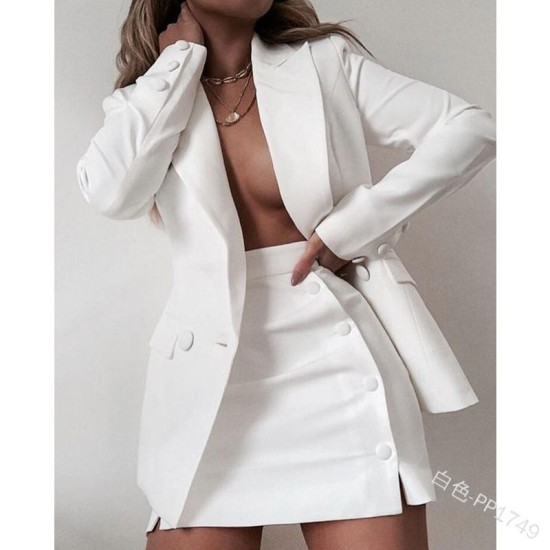 Womens Lapel Collar Breasted Blazer and Split High Waist Mini skirt suit womens office suits Classic outing clothing for Ladies