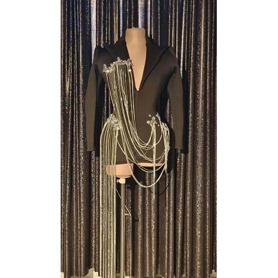 Sexy Black V Long Sleeve Jacket Evening Prom Coat Stage Performance Blazers Ladies Sequin Tassel Women Suit Club Party Blazer