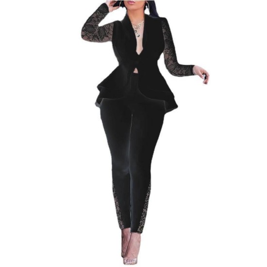 Plus Size Ladies Slim Fitting Business Suits Lace Sleeve Style Pink Deep V-neck Collect Waist Womens Suits & Tuxedo