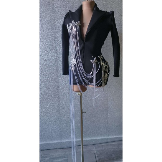 Sexy Black V Long Sleeve Jacket Evening Prom Coat Stage Performance Blazers Ladies Sequin Tassel Women Suit Club Party Blazer