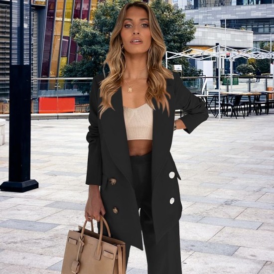 fall 2 piece casual long suit women lady wide leg cropped trouser two piece pants blazer set for women