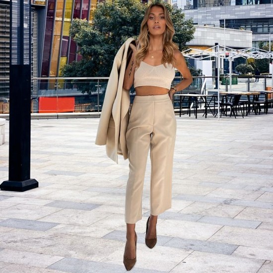 fall 2 piece casual long suit women lady wide leg cropped trouser two piece pants blazer set for women