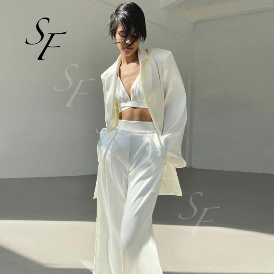 Custom Trendy Satin Woman Blazer Jacket Tuxedo Pant Suit Business 3 Piece Blazer Pants Set Casual Womens Suits & Tuxedo