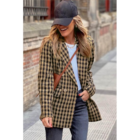 Dear-Lover Tweed Houndstooth Plaid Pattern Ladies Double Breasted Blazers Ladies Formal Office Sexy Womens Suits & Tuxedo