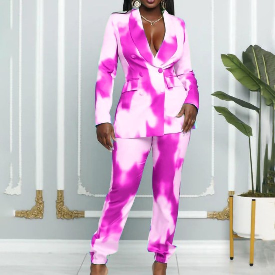 2022 Womens Clothing Suits Tie-Dye Double Breasted Formal Print Two Piece Suit Set Lady Style Work Wear Office Long Pant Suit