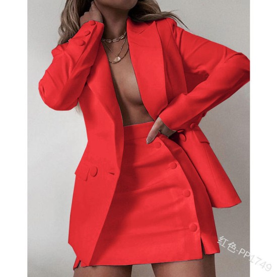 Womens Lapel Collar Breasted Blazer and Split High Waist Mini skirt suit womens office suits Classic outing clothing for Ladies