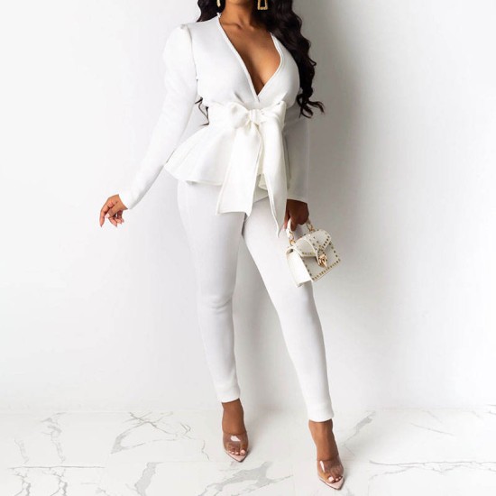 2023 2-piece womens fashion suit jacket with pants deep V Long sleeve slim peplum skirt business suitPopular