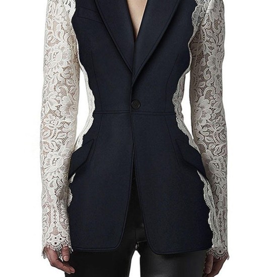 2023 new autumn top womens fashion chic stitching lace long sleeve retro temperament suit jacket